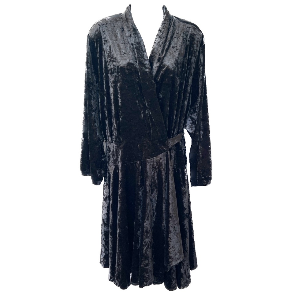 Masseys Dress Wrap Bodice Black Size 3X Below Knee Stretch Velveteen Shiny